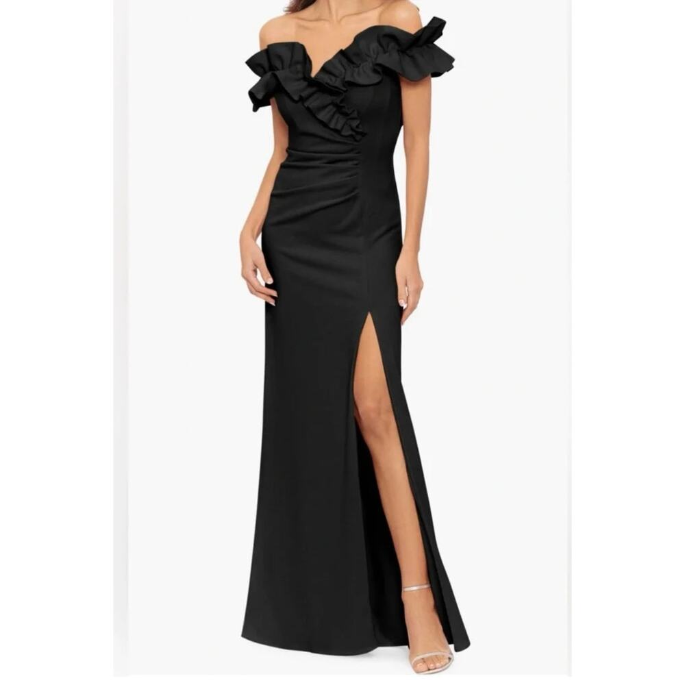 Xscape Ruffle Off-the-Shoulder Ruched Black Gown 10 NWT Nordstrom Elegant Dressy